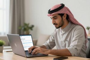 شاب سعودي يقوم بتعبئة طلب التوظيف الإلكتروني للبنك المركزي على حاسوبه المحمول
