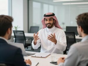 مرشح سعودي واثق يتحدث في مقابلة العمل مع لجنة البنك المركزي