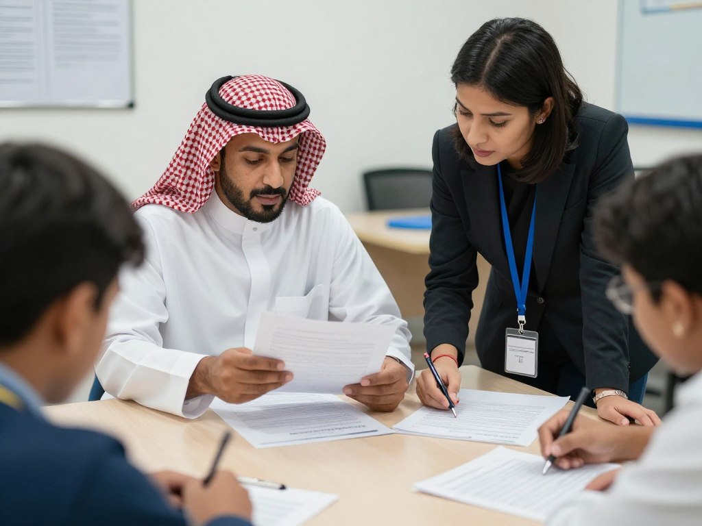 التعاون بين معلم ومساعد في مدرسة سعودية