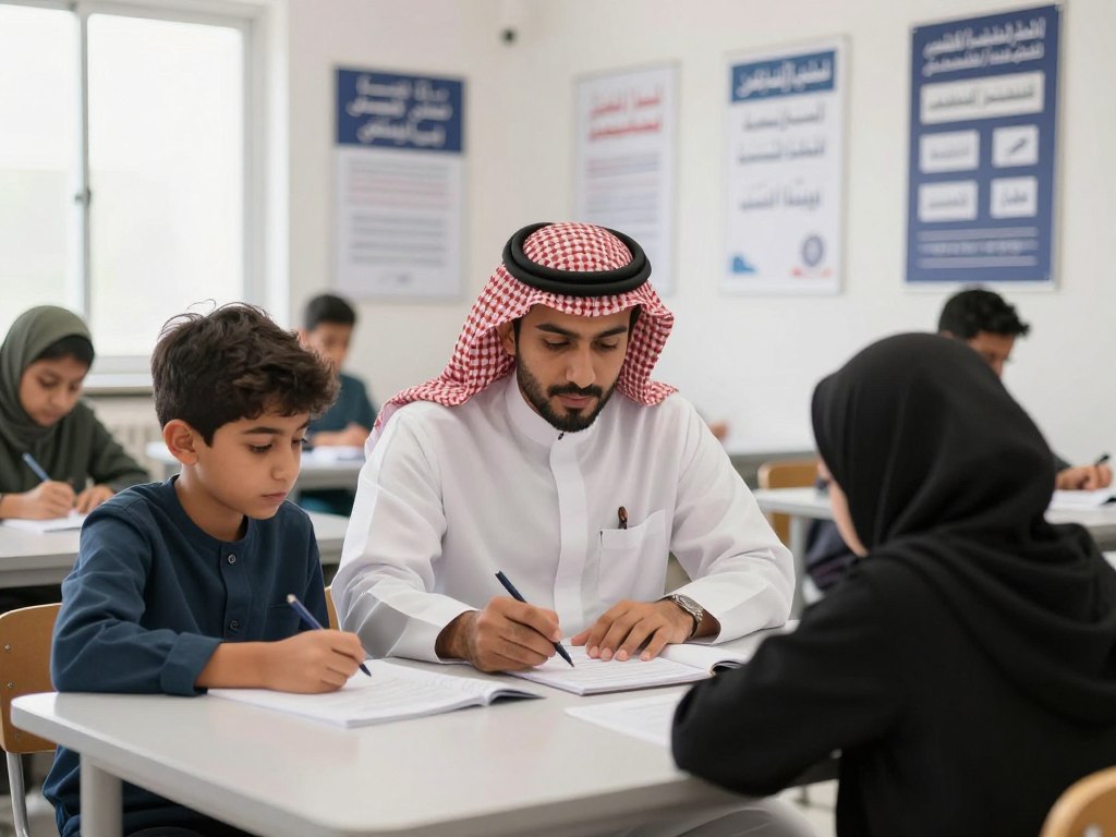 مساعد معلم السعودية يعمل مع الطلاب داخل الفصل